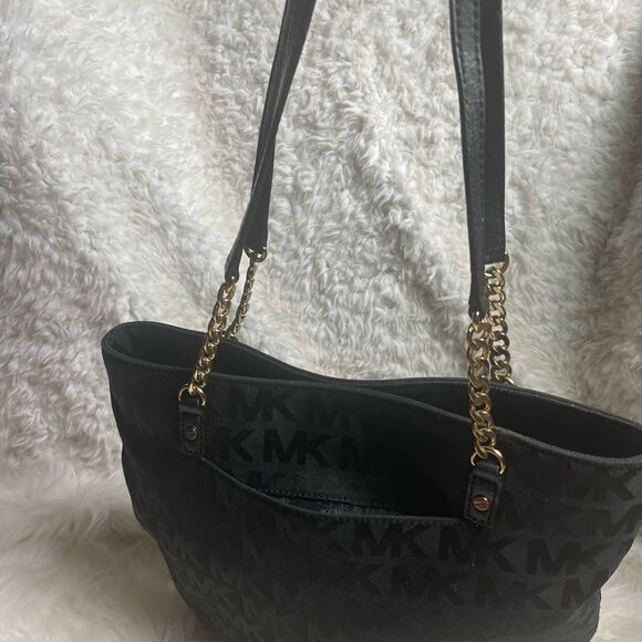 Michael Kors Black Fabric Signature Monogram medium tote gold tone chain straps - Picture 8 of 16